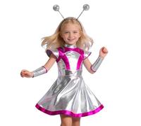 Disfraz Alien Niña Disfraces Carnaval Vestido Plateado Y Azul con Holograma Metálico Traje Espacial Brillante Minifaldas Y Diadema de Alienígena Vestidos Chica para Extraterrestre Halloween #E303