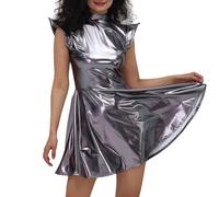 Disfraz Alien Niña Sólida con Holograma Metálico Corta Vestido Espacial Brillante Cuello Alto Traje Minifaldas Ajustado Chica Vestidos de Alienígena para Extraterrestre Halloween y Carnaval Fiesta