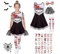 Disfraz Animadora Zombie Niña,Disfraces de Porristas de Halloween,Disfraz de Animadora Zombie,Halloween disfraz de animadora zombie,Medias,Lazos,Pompones,Pegatinas de Tatuajes de Sangre,Adecua (140)