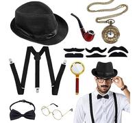 Disfraz Años 20 Hombre, Accesorios de hombre de 1920 Con Sombrero Gafas Tirantes Pajarita Lupa Pipa Reloj de Bolsillo y Bigote, Disfraz Años 20 Hombre Gangster para Carnaval Mascarada Halloween