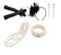 Disfraz años 20 Mujer Accesorios 7 Piezas con Guantes Largos Negros, Collar Perlas, Diadema Plumas, Pendientes Vintage, Pulsera Elegante para Fiestas temáticas Charleston Gatsby