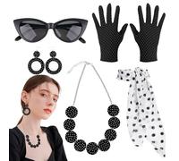 Disfraz años 50,Collar Guantes Diadema Gafas Gato De Lunares - Gafas Gato