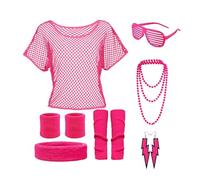 Disfraz Años 80 Mujer, Vetement Annee 80 Disco, Camiseta Rejilla Red de Neón, Collares, Pendientes, Diadema, Calentadores de Piernas, Gafas, pour Soirées à Thème et Spectacles sur Scène Carnavals