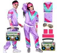 Disfraz años 80 para Hombre Mujer Disfraces Retro Adulto Chándal Chaqueta Anteojos Radio Inflable Traje con Accesorio Carnaval Fiesta de Halloween Cosplay