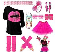 Disfraz Años 80, Talla única, Ropa Años 80 Disfraz con Camiseta, Tutús, Gafas, Calentadores de Pierna, Diadema, Pendientes, collares, Guantes Rejilla Mujer, Disfraz Años 80 Mujer para Mujeres y Niñas