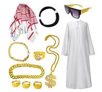 Disfraz árabe para hombre, kit de traje de jeque árabe, juego tradicional de tocado, vestido de manga larga, ropa de personaje para temáticas, carnaval, cosplay, accesorios de textura