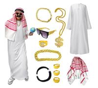 Disfraz árabe para hombres, traje de trajes árabes de sheik túnica - Kit de túnica de jeque árabe con pañuelo en la cabeza | Accesorios de cosplay de escote para fiestas de Halloween, fiestas temática