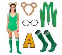 Disfraz Ardilla Carnaval Señoras 5 Piezas,Diademas Con Orejas De Animal,Montura Redonda Negra,Calcetines Hasta La Rodilla Tirantes Elásticos Para Cosplay Fiesta Disfraces (Verde)