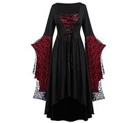 Disfraz Bruja Mujer Ofertas Flash Del Dia Vestido Negro Halloween Vestido Gótico con Estampado de Encaje de Calavera Vintage Cuello Cuadrado Maxi Vestido Medieval Mujer Originales Disfraces Halloween