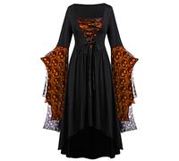 Disfraz Bruja Mujer,Vestido Negro Halloween con Cordón Vestido Gótico con Estampado de Encaje de Calavera Vintage Cuello Cuadrado Maxi Vestido Medieval Mujer Originales Disfraces Halloween