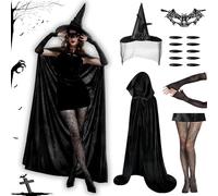 Disfraz Bruja Negra Halloween Para Mujer, Conjunto 6 Disfraces De Halloween Para Mujer Con Capa Bruja Vampira Negra 130 Cm, Sombrero Bru-ja Hallo-ween, Guantes Encaje Para Fiesta Disfraces Carnaval.