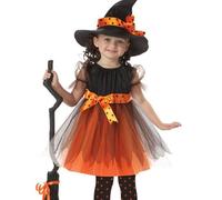 Disfraz Bruja Niña Vestido Halloween Niña con Sombrero Vestidos de Bruja sin Mangas con Lazo Traje Disfraces de Halloween Costume Kids para Carnaval Cumpleaños Fiesta Cosplay para Niñas 2-15 Años