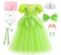 Disfraz Campanilla Niña, Vestido Hada Verde con Corona, Collar, Anillo, Pulsera y Varita, Disfraz Princesa Niña para Carnaval Cumpleaños Halloween Cosplay, Regalos para Niñas de 3 a 8 Años