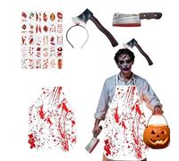 Disfraz Carnicero Halloween Disfraz Halloween Hombre con Delantal Sangriento Traje Carnaval Hombre Grembiule di sangue HalloweenAscia di Halloween Sulla Testa e 30 tatuaggi
