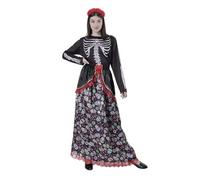 Disfraz Catrina Esqueleto Mejicana Mujer Adulto Halloween, Diadema Catrina Flor, Vestido Largo Colorido Estampado Calaver, Disfraz Halloween Mujer Carnaval (S)