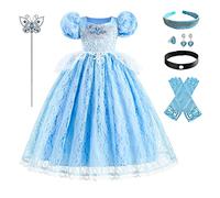 Disfraz Cenicienta Niña Halloween Carnaval Cosplay Fiesta de Cumpleaños Vestido Princesa Niña Azul Manga Corta Vestido de Tul de Lentejuelas con Accesorios Deluxe Set Azul 9-10 años