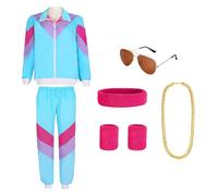 Disfraz Chandal Años 80 Hombre Mujer, Disfraz Carnaval Hombre Mujer, Ropa Años 80 Disfraz, Disfraz Años 80 con Diadema Muñequera Collar de gafas de sol para Carnaval Cosplay Fiestas (XXL, Azul)