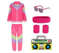 Disfraz Chandal Años 80 Hombre Mujer, Disfraz Carnaval Hombre Mujer, Ropa Años 80 Disfraz, Disfraz Años 80 con Diadema Muñequera Collar de gafas de sol para Carnaval Cosplay Fiestas (L, Rosado)