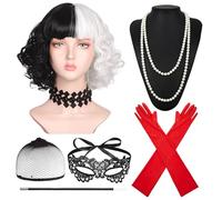 Disfraz Cruella Devil Mujer,Cruella Peluca Blanco y Negro,Peluca Cruela Devil,Peluca Cruella Devil Blanco y Negro,Cruella Cosplay Peluca para Carnaval,Disfraces Chulos de Carnaval,Cosplay,Halloween