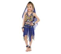 Disfraz Danza del Vientre Niña Traje Danza con Lentejuelas Ropa de Calle Vacaciones, Trajes Festivos de Rendimiento Baile Disfraces de Top + Pantalon para Espectáculos Escolares (Blue, 5-9 años)
