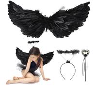 Disfraz de 3 piezas de alas de ángel negras para niños, incluye diadema de halo y varita de hada, alas de plumas para niñas pequeñas, cosplay de Halloween, se adapta a alturas de 31.5 a 49.2 pulgadas