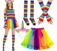 Disfraz de 4 Arcoíris para Mujer, Disfraz de Unicornio para Adultos, Anda de Cuerno de Unicornio, Falda Tutú Arcoíris, Calcetines a Rayas Hasta la Rodilla y Guantes Largos, Para Carnaval Fiesta