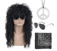 Disfraz de 4 piezas con gafas de sol, collar de la paz, pañuelo de bolsillo, peluca de falda de los años 70 y 80, estilo retro, hippie, punk (negro)