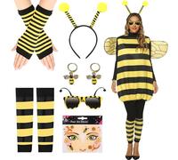 Disfraz de Abeja para Mujer Adulto, 7PCS Disfraz Abeja Mujer de Carnaval con Trajes de Abejas Alas, Diadema, Guantes, Calcetines, Pendientes, Gafas, Pegatinas de Abeja para Cosplay Carnaval Fiesta