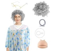 Disfraz de abuela, disfraces de ancianas y jubiladas, peluca gris con rulos, gafas y accesorios para disfraces de carnaval para mujer (2)