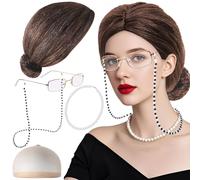 disfraz de abuela disfraz de mujer vieja disfraz de abuela cosplay juego de accesorios para abuela peluca para abuela gafas con cadena cadena de perlas pendientes pulsera para