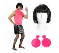 Disfraz de ama de casa de la reina del rock para adultos, talla S, camiseta sin mangas rosa, falda negra, medias, aretes de clip, peluca de Bob negra, disfraz divertido de los años 80 para hombre