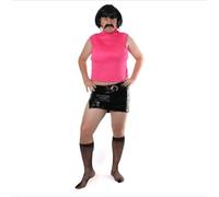 Disfraz de ama de casa de la reina del rock para adultos, talla XXL, parte superior sin mangas, falda negra, medias, aretes de clip, peluca de Bob negra, disfraz divertido de los años 80 para hombre