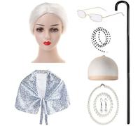Disfraz de anciana de 9 piezas para niños, disfraz de abuela con chal, gafas, collar, aretes, caminar, enfermo, escuela, evento, disfraz