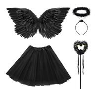 Disfraz de ángel de diablo para mujer, negro, falda tutú, alas de ángel, halo y varita mágica, disfraz de vuelo de ángel, disfraz de Halloween, carnaval, fiesta, cosplay, alas de hadas para adultos