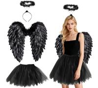 Disfraz de ángel negro para adultos, 3 unidades de disfraz de ángel negro, 60 cm, falda de tul de 70 - 110 cm, alas de ángel para mujer, alas de ángel para adultos, falda tutú, alas de ángel para