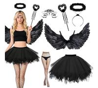 Disfraz de ángel negro para mujer, 6 unidades, alas de ángel, disfraz de diablo con alas de ángel de 80 cm, falda tutú, halo, varilla de diablo, medias de red, para carnaval, Halloween y cosplay