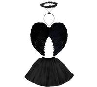 Disfraz de ángel oscuro para adultos, tutú negro, alas de plumas negras, halo de marabú en la diadema, disfraz de Halloween para mujer
