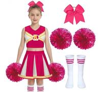 Disfraz de animador, carnaval, niña, disfraz de pompón, niña, disfraz de animador, niña, con broche, pajarita Majorette Pompones, calcetines de cheerleader Uniforme Halloween Carnaval Fiestas, Pink