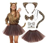 Disfraz de Animal para Mujer Adulta, Orejas Leopardo Falda Tutú Pajarita Cola Pegatinas Temporales, Traje de Disfraz Adulta para Carnaval, Halloween, Cumpleaños, Fiesta Temática, Cosplay (Leopardo)