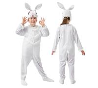 Disfraz de animal para niños, disfraz de Halloween, cosplay, pijamas de una pieza con capucha, lindo y divertido disfraz de Halloween (blanco, 5-6 años)