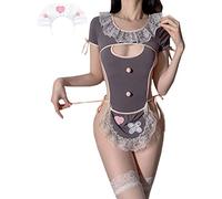 Disfraz de anime de encaje para mujer, body de una pieza, delantal de sirvienta, traje de sirvienta, lencería elegante estilo Lolita Kawaii (gris)