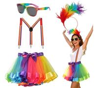 Disfraz de arco iris para mujer, con cinta para la cabeza, gafas, tirantes, falda de los años 80, falda de arcoíris, disfraz de carnaval con diadema de plumas coloridas, adecuado para fiestas