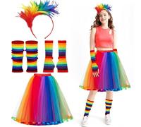 Disfraz de arco iris para mujer, falda de tul arcoíris, diadema de plumas multicolor, guantes sin dedos y calentadores de piernas arco iris, disfraz de arco iris para carnaval, Halloween, carnaval