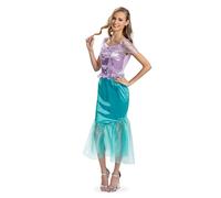 DISGUISE Disfraz de Ariel para mujer, producto oficial de Disney Princess, corpiño detallado con ribete plateado y mangas de malla, falda de cola de pez, talla 46-40