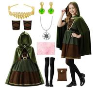 Disfraz de Arquero Infantil, Disfraz de Arquero Verde Niña con Capa, Muñequera y Accesorios, Juego de Cazador, Disfraces Carnaval para Medieval, Renacentista, Halloween, Juegos de Rol, Fiestas, 150