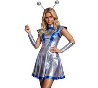 Disfraz de astronauta para mujer, disfraz de alien, brillante, metálico, sin mangas, minivestido con falda de tul, espacio espacial, para carnaval, Halloween, fiesta, cosplay para mujer