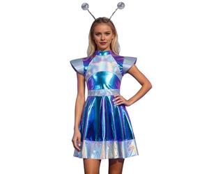 Disfraz de astronauta para mujer, disfraz de alien, brillante, metálico, sin mangas, minivestido con falda de tul, espacio espacial, para carnaval, Halloween, fiesta, cosplay para mujer