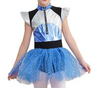 Disfraz de astronauta para niña, vestido de ballet metálico, cuello alto, vestido de baile con falda alien, diadema para niña, disfraz para Halloween y carnaval, azul, 9-10 años