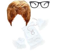 Disfraz de Austin Powers Groovy Baby de los años 50 y 60 para fiesta de despedida de soltero para hombre, divertido, peluca, gafas nerd, cuello con volantes, colgante y 2 puños con volantes
