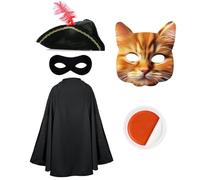 Disfraz de bandido de gato para niños, capa negra, sombrero de tricornio, máscara de gato naranja, máscara de ojos negra, pintura facial naranja y blanca, disfraz de película de televisión para niños